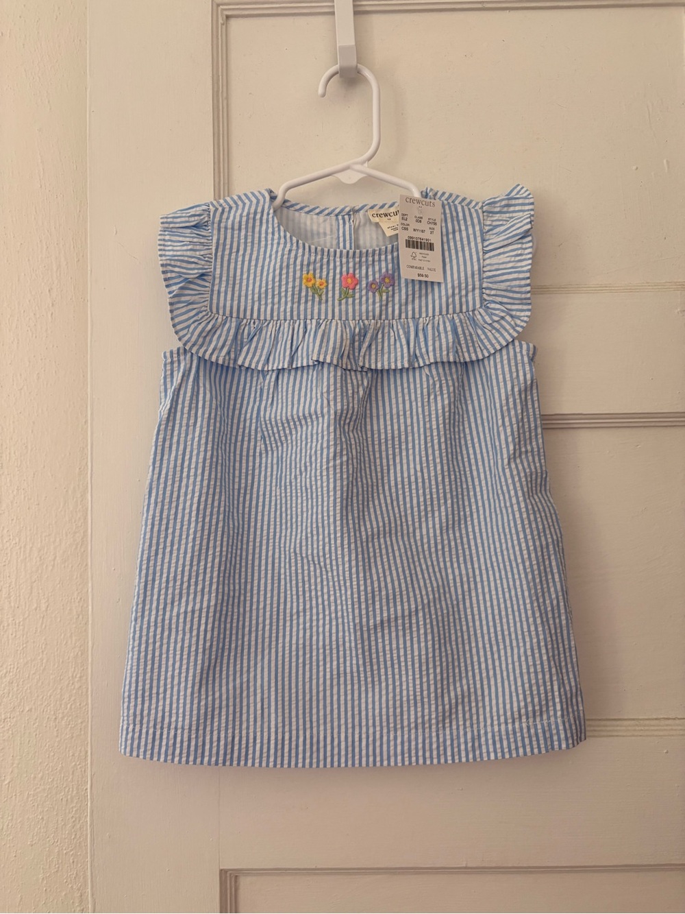 Crewcuts Striped Seersucker Ruffle Baby Dress with Floral Embroidery